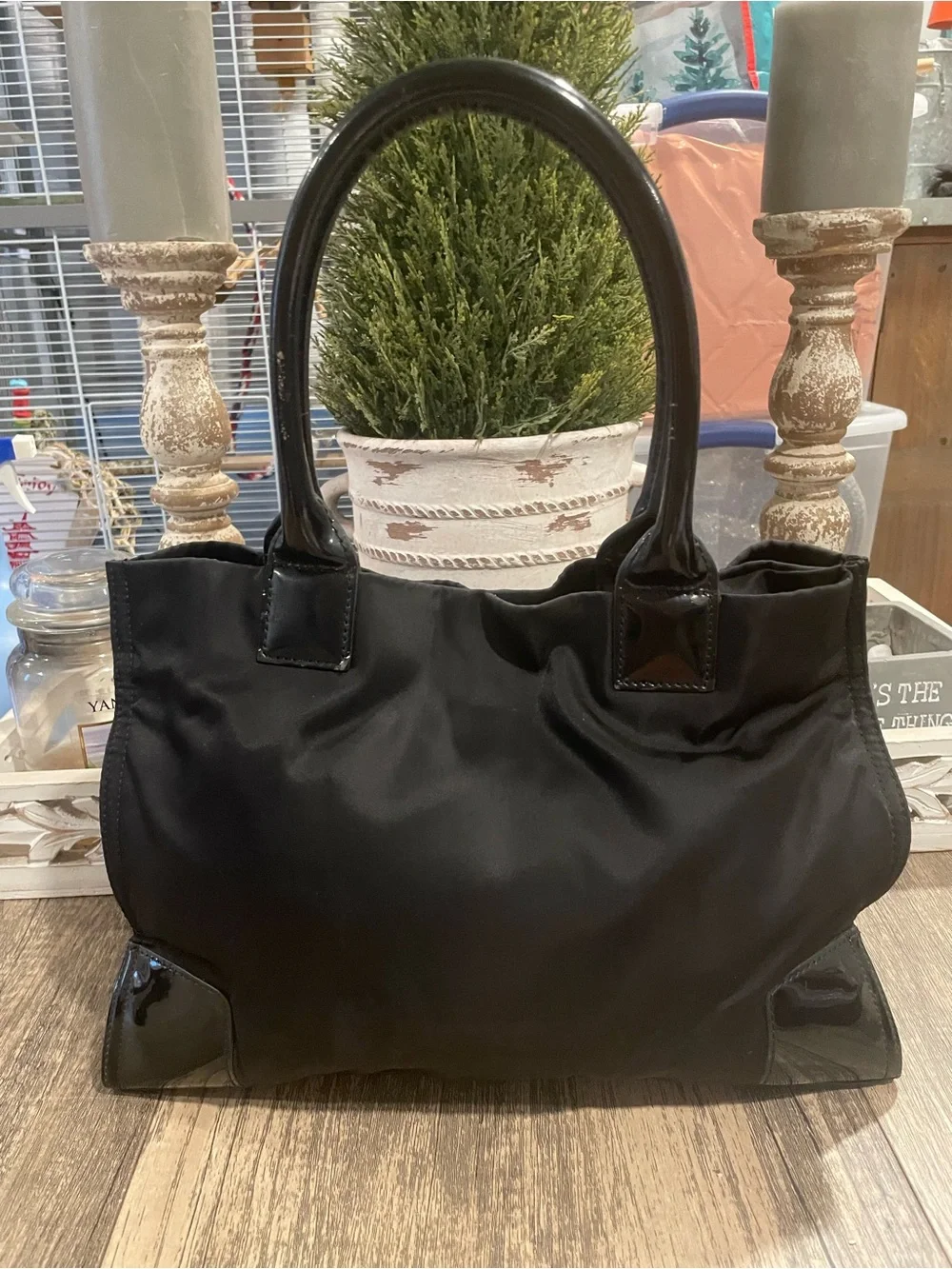 Tory Burch Black Nylon Tote with Patent Logo